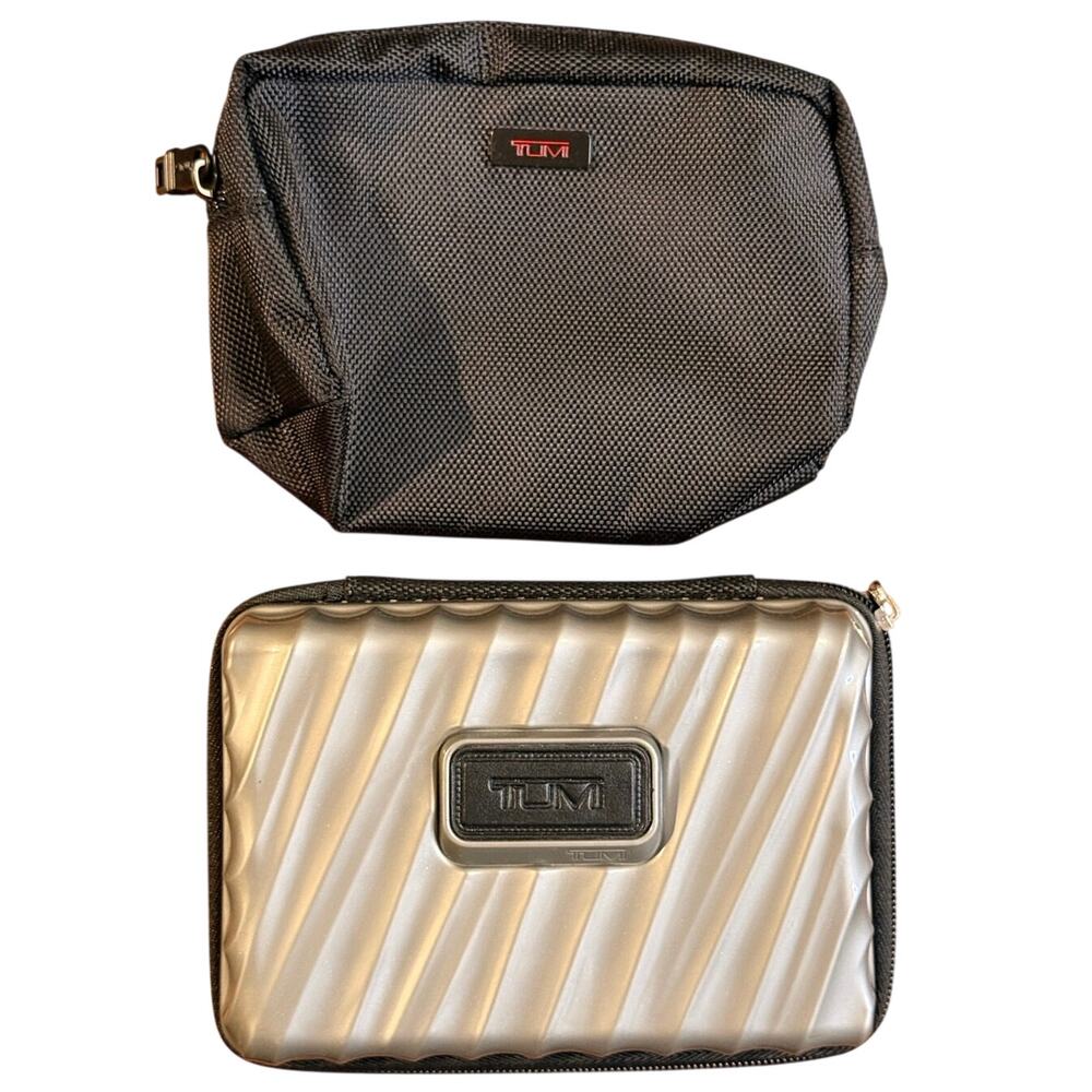 TUMI Gray Silver Hard Shell & Black Soft Pouch Amenity Kit Set Travel Cases